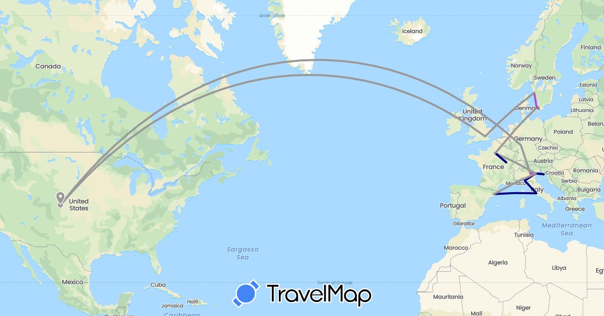 TravelMap itinerary: driving, plane, train in Germany, Denmark, Spain, France, United Kingdom, Croatia, Italy, Sweden, United States (Europe, North America)